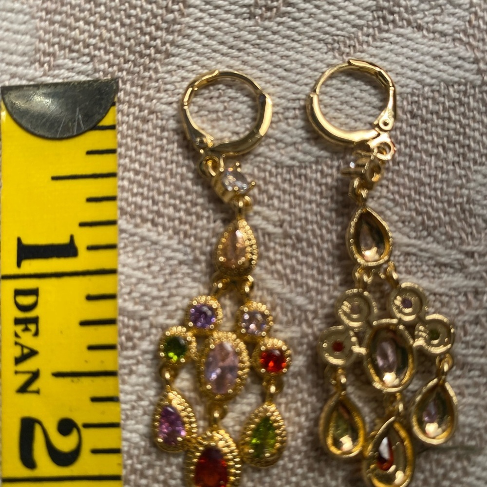 Elegant Gold Plated Multi-Color Cubic Zirconia Drop Earrings - Picture 1 of 5